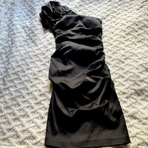 Cache Black Satin One-shoulder Bodycon Size 2 Women's Stretchy‎ Party Dress